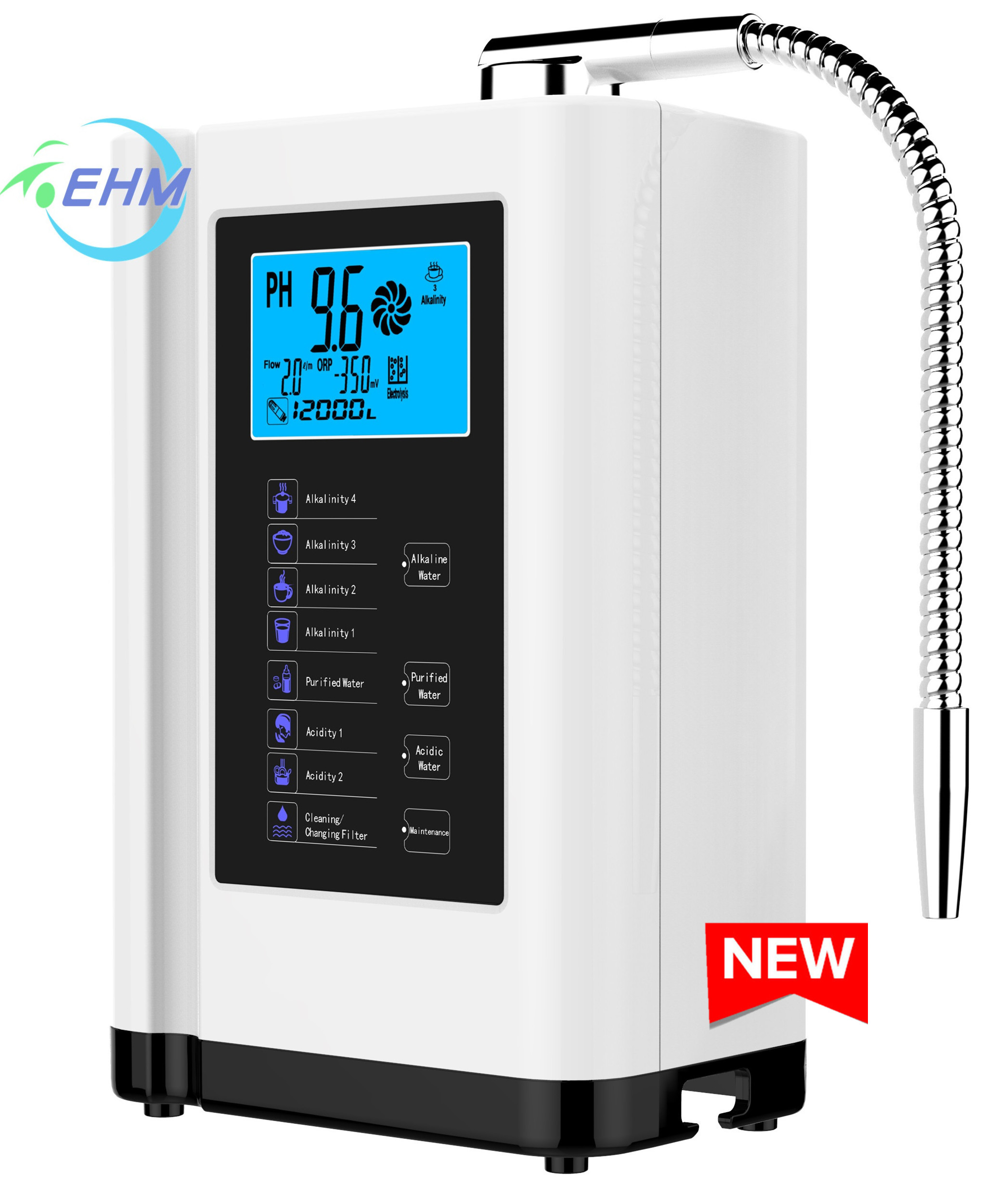 Alkaline Water Ionizer Hydrogen Water Machine with 3.8 Inch LCD Screen 2000W Power and 2.0L/min Flow Rate